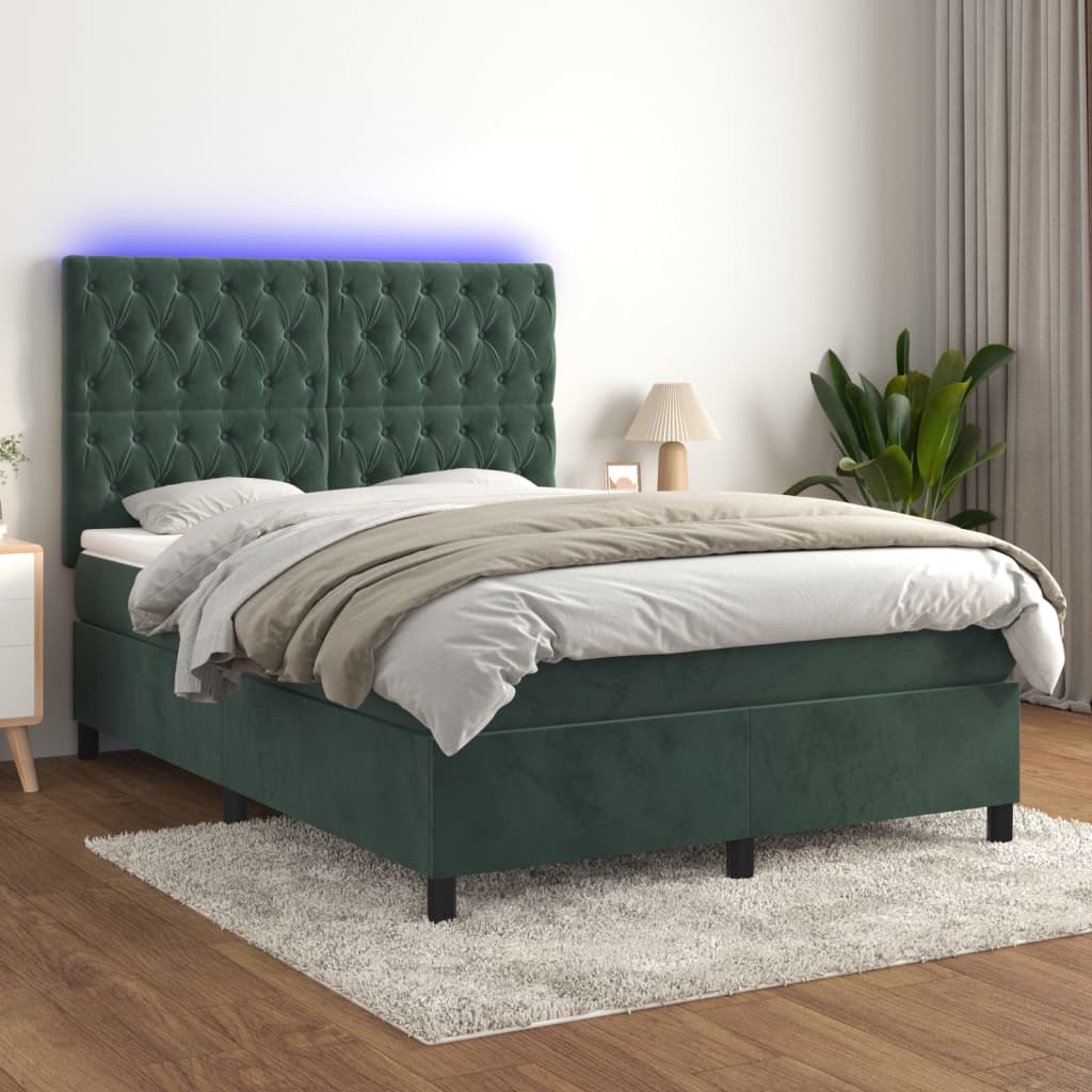 vidaXL Cama box spring colchón y LED terciopelo verde oscuro 140x190cm