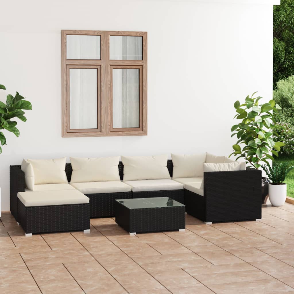 vidaXL Set de muebles de jardín 7 pzas y cojines ratán sintético negro