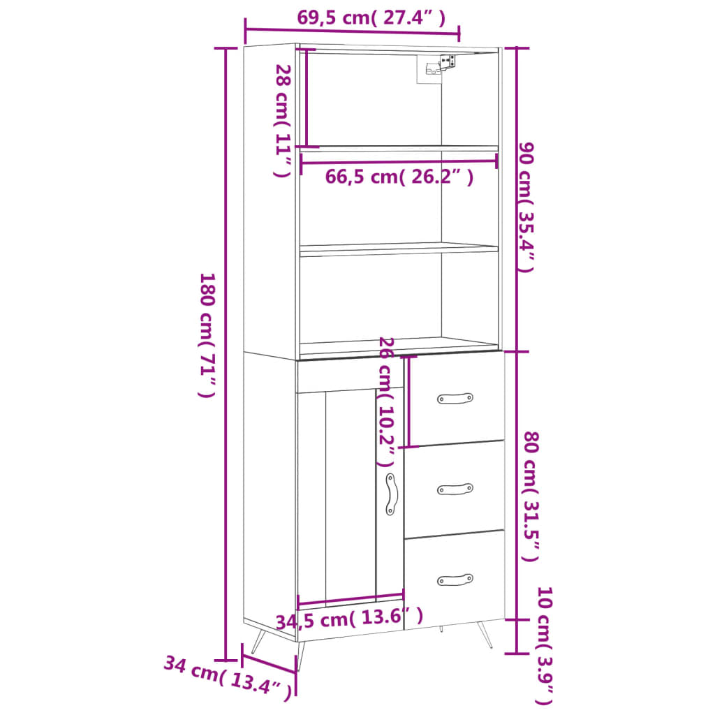 vidaXL Aparador alto madera contrachapada blanco 69,5x34x180 cm