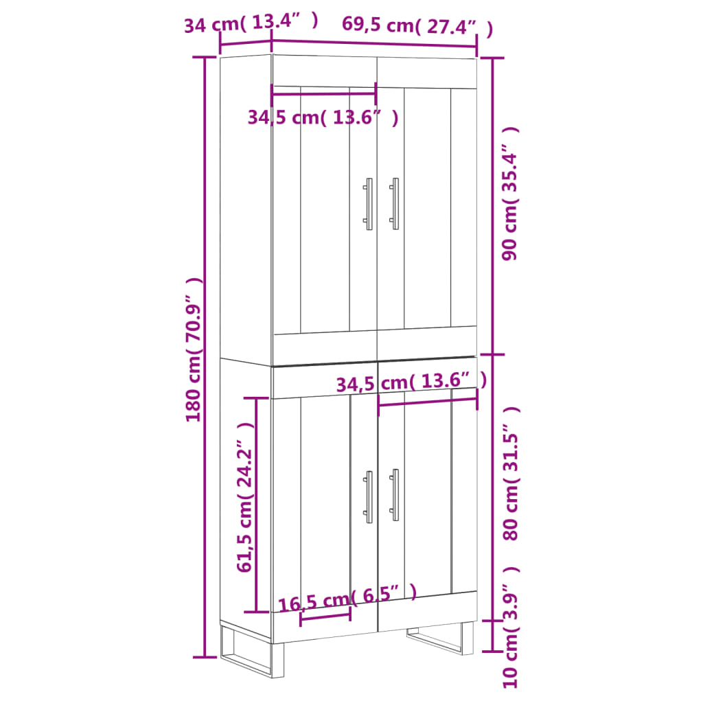 vidaXL Aparador alto madera contrachapada gris hormigón 69,5x34x180 cm