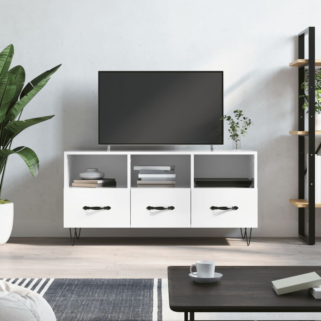 vidaXL Mueble de TV madera contrachapada blanco brillo 102x36x50 cm