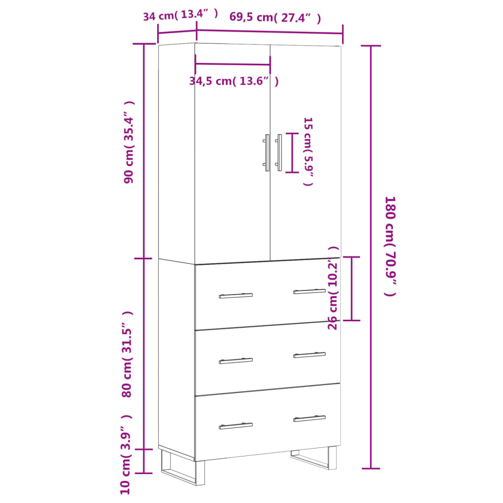 vidaXL Aparador alto madera contrachapada blanco 69,5x34x180 cm