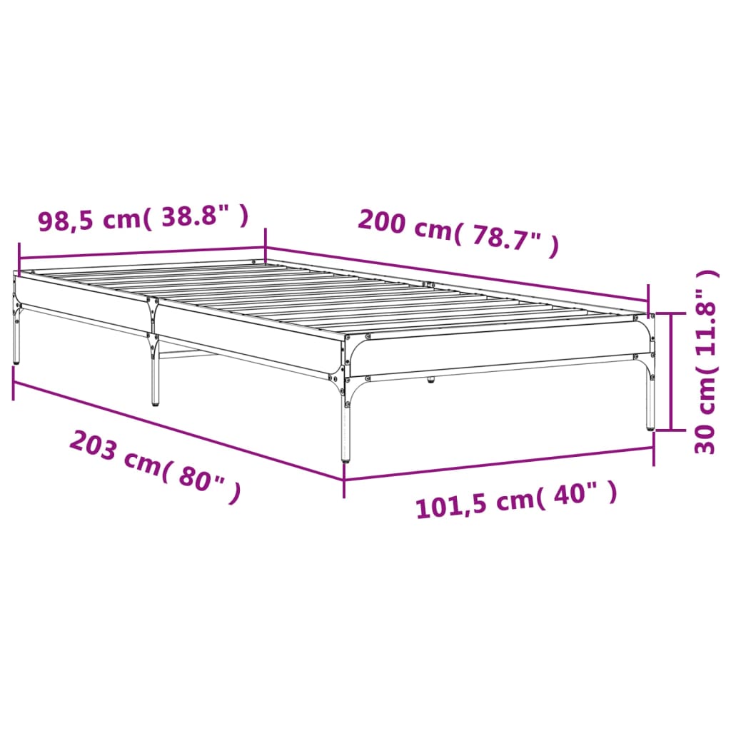 vidaXL Estructura cama madera ingeniería metal roble humo 100x200 cm