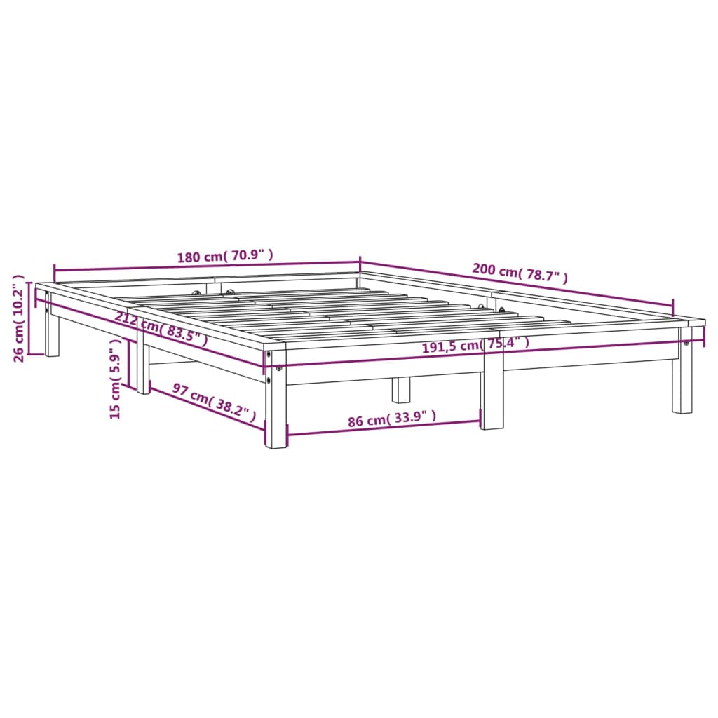 vidaXL Estructura de cama de madera maciza negra 180x200 cm