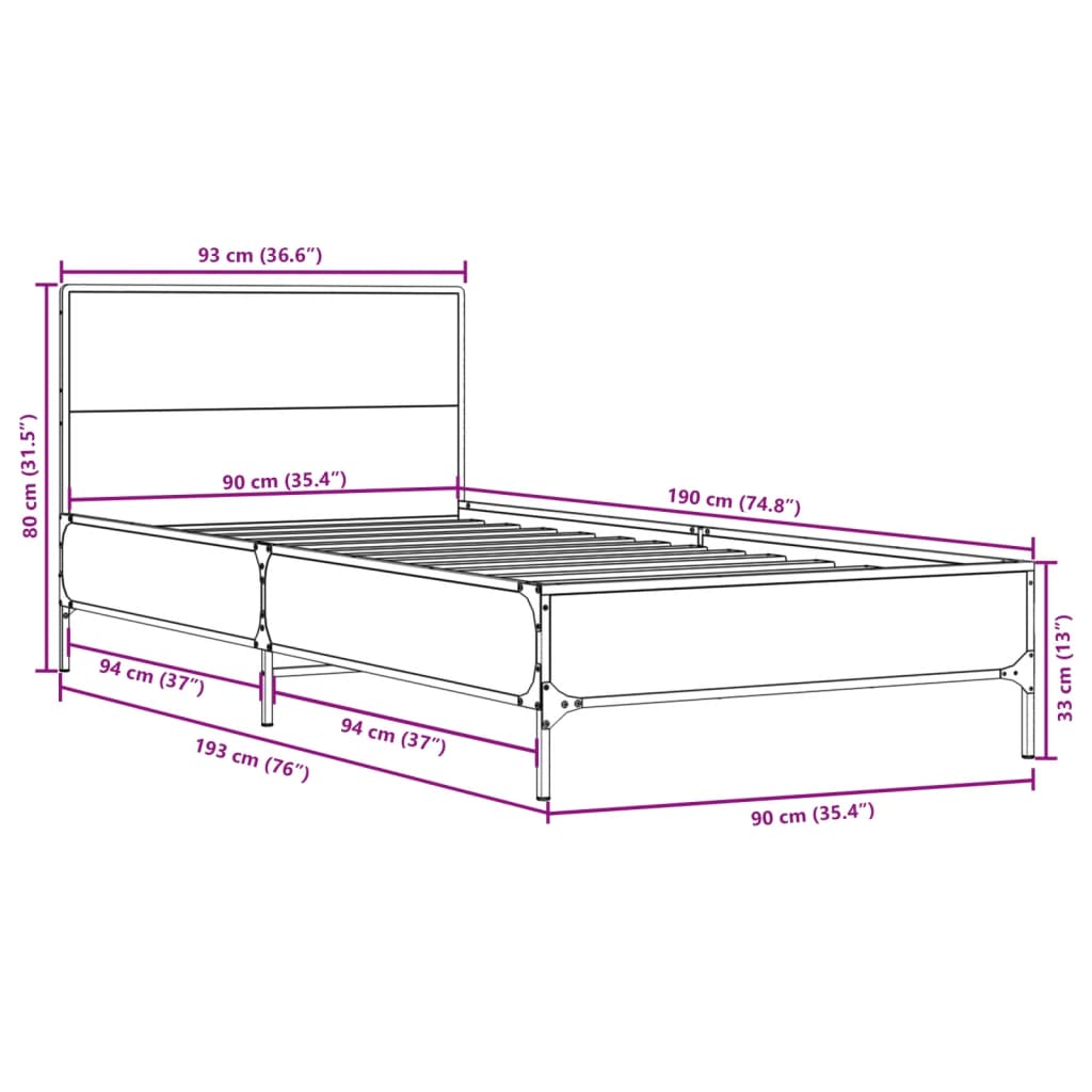 vidaXL Estructura cama madera ingeniería metal roble ahumado 90x190 cm