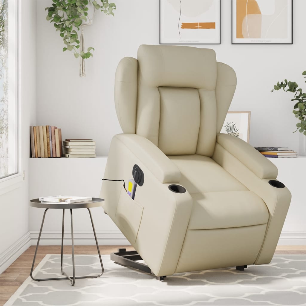 vidaXL Sillón de masaje elevable eléctrico cuero sintético crema