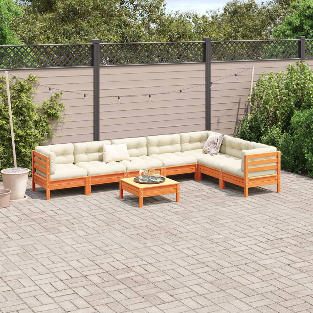 vidaXL Set de sofás jardín 8 pzas con cojines madera pino marrón cera