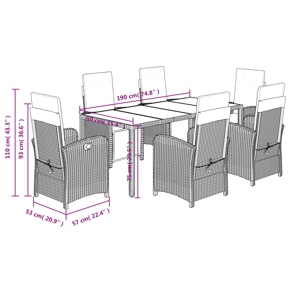 vidaXL Set de comedor de jardín 7 pzas y cojines ratán sintético negro