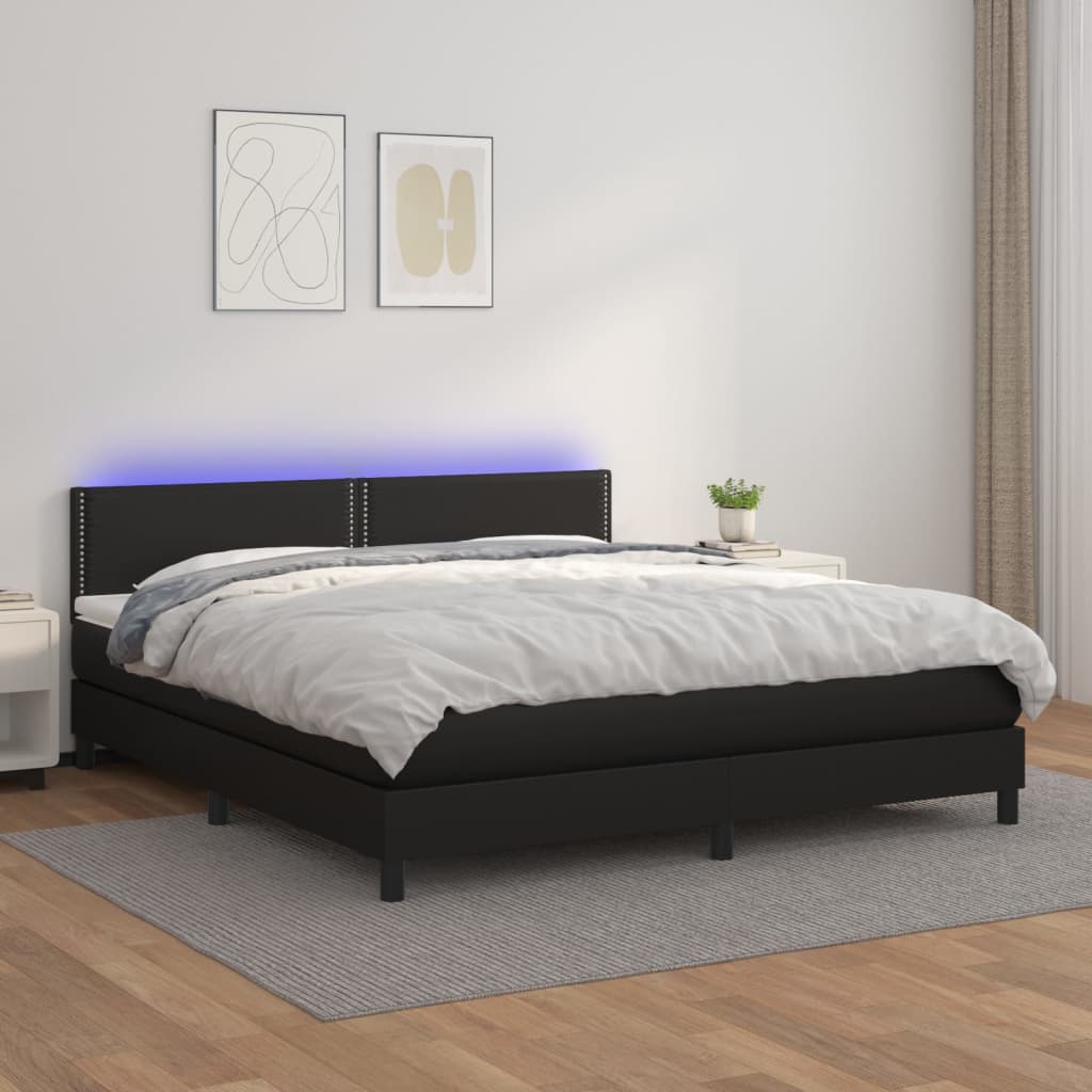 vidaXL Cama box spring colchón y LED cuero sintético negro 160x200 cm