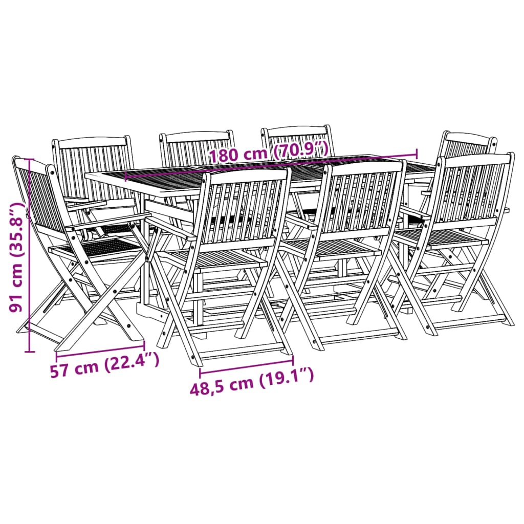 vidaXL Juego comedor de jardín 9 pzas madera maciza acacia 180x90x75cm