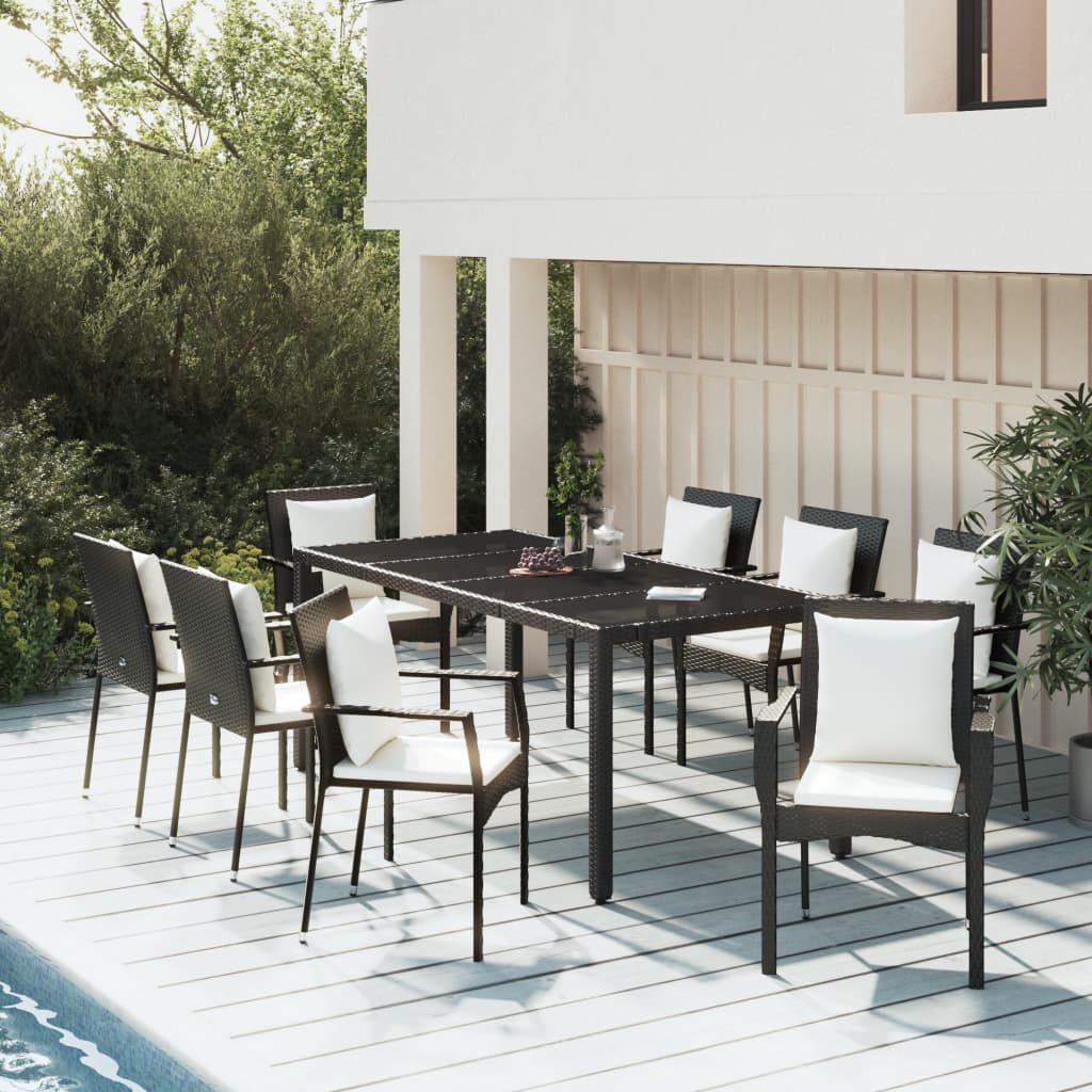 vidaXL Set de comedor de jardín 9 pzas y cojines ratán sintético negro