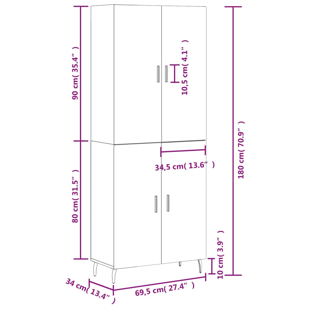 vidaXL Aparador alto madera contrachapada roble ahumado 69,5x34x180 cm