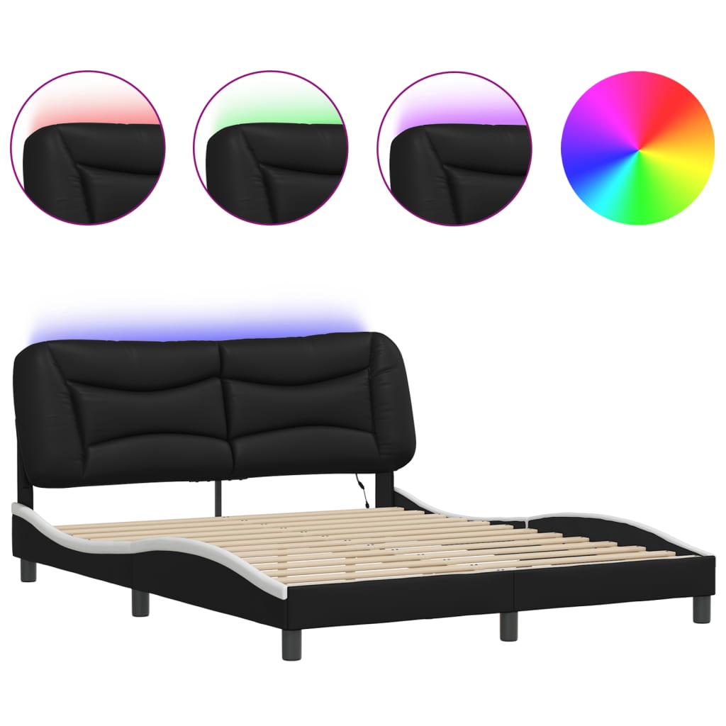 vidaXL Estructura de cama con luz LED cuero PE negro blanco 160x200 cm