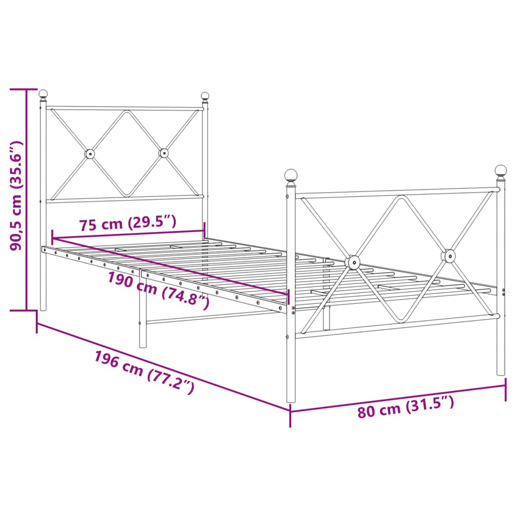 vidaXL Estructura cama sin colchón con estribo metal blanco 75x190 cm