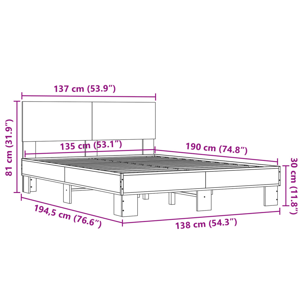 vidaXL Estructura cama madera ingeniería metal roble Sonoma 135x190 cm