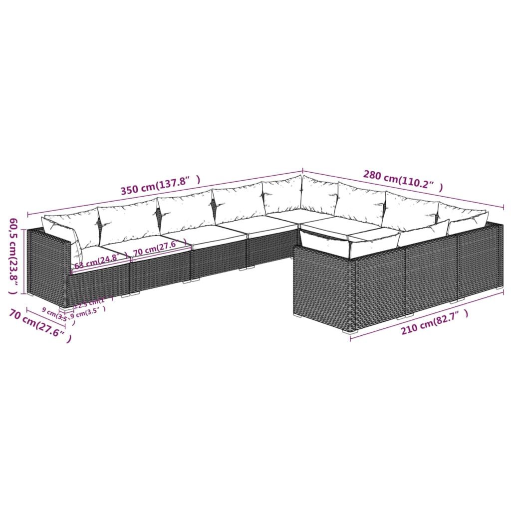 vidaXL Set de muebles de jardín 10 pzas y cojines ratán sintético gris