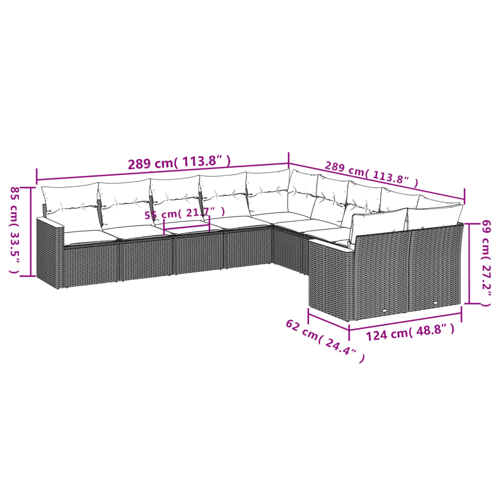 vidaXL Set de sofás de jardín 10 pzas cojines ratán sintético negro