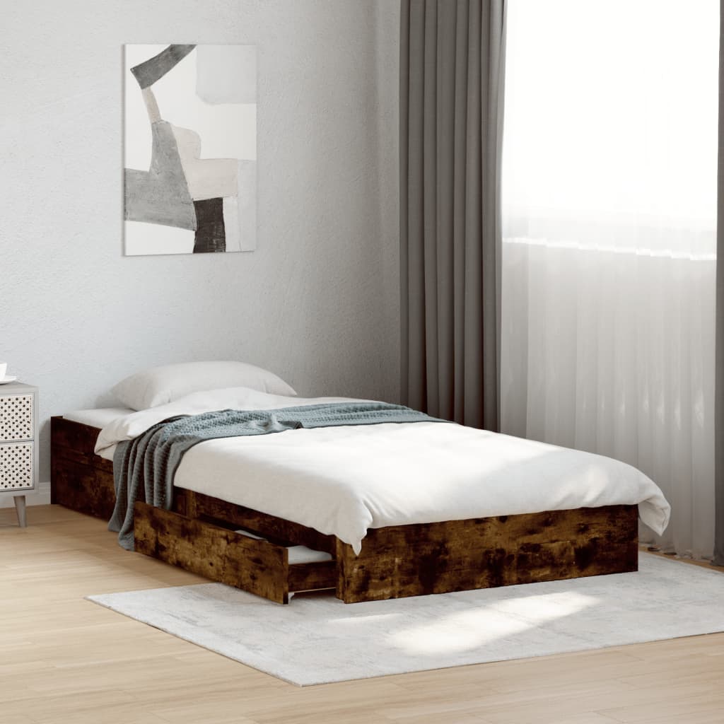 vidaXL Cama con cajones madera de ingeniería roble ahumado 90x200 cm