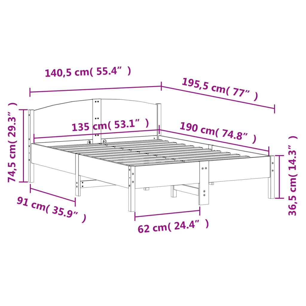 vidaXL Estructura de cama sin colchón madera de pino blanco 135x190 cm