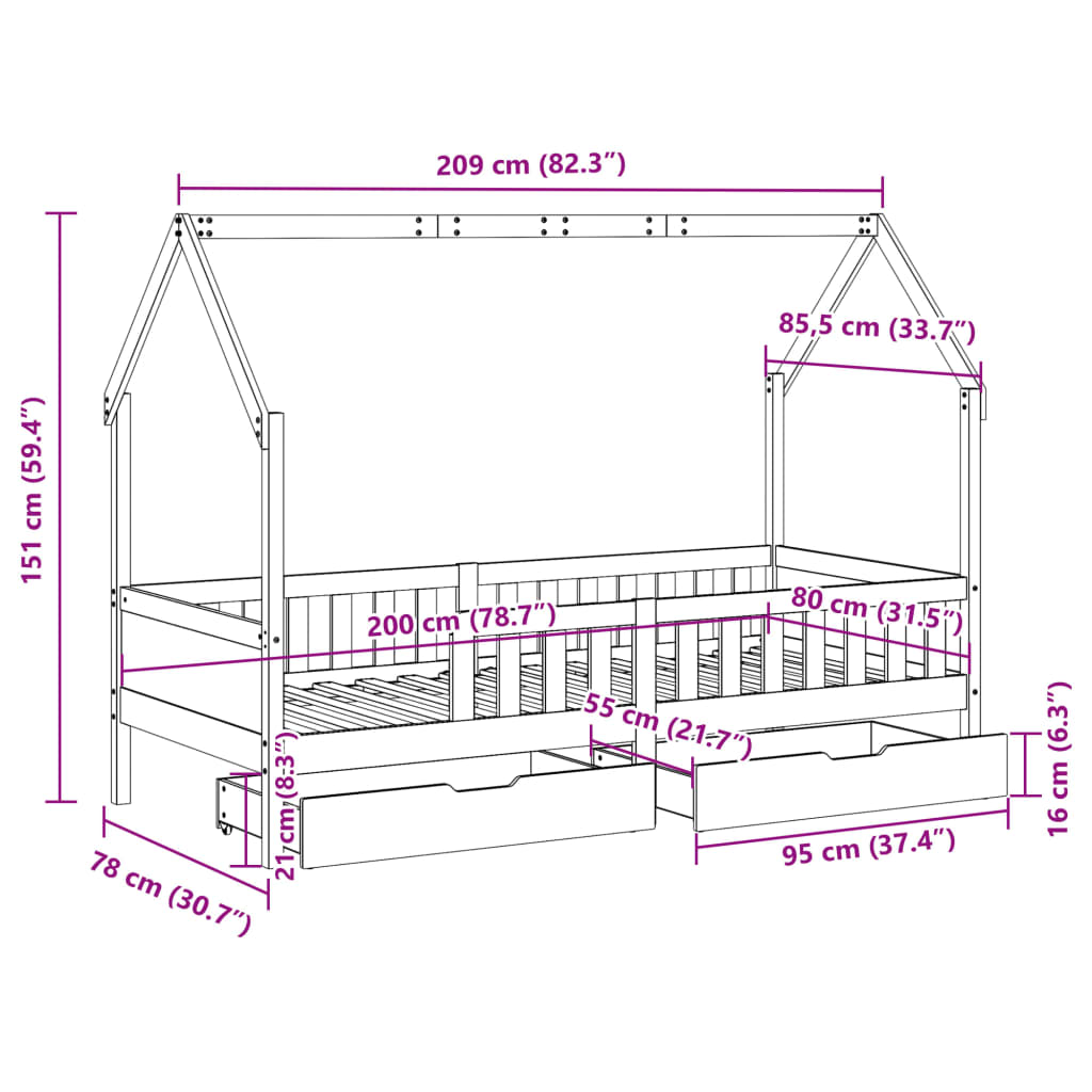 vidaXL Estructura de cama para niños con cajones madera pino 80x200 cm