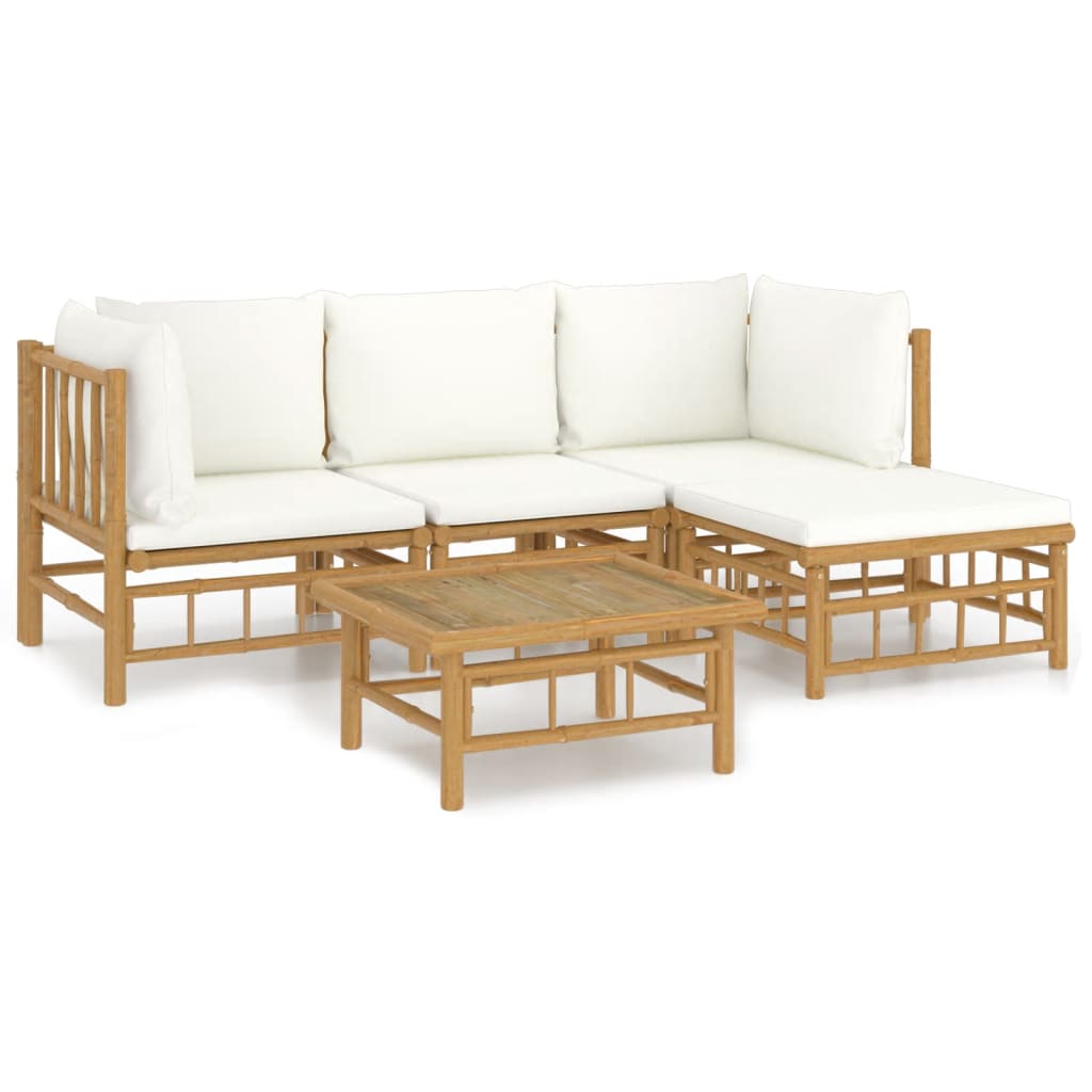 vidaXL Set de muebles de jardín 5 piezas bambú y cojines blanco crema