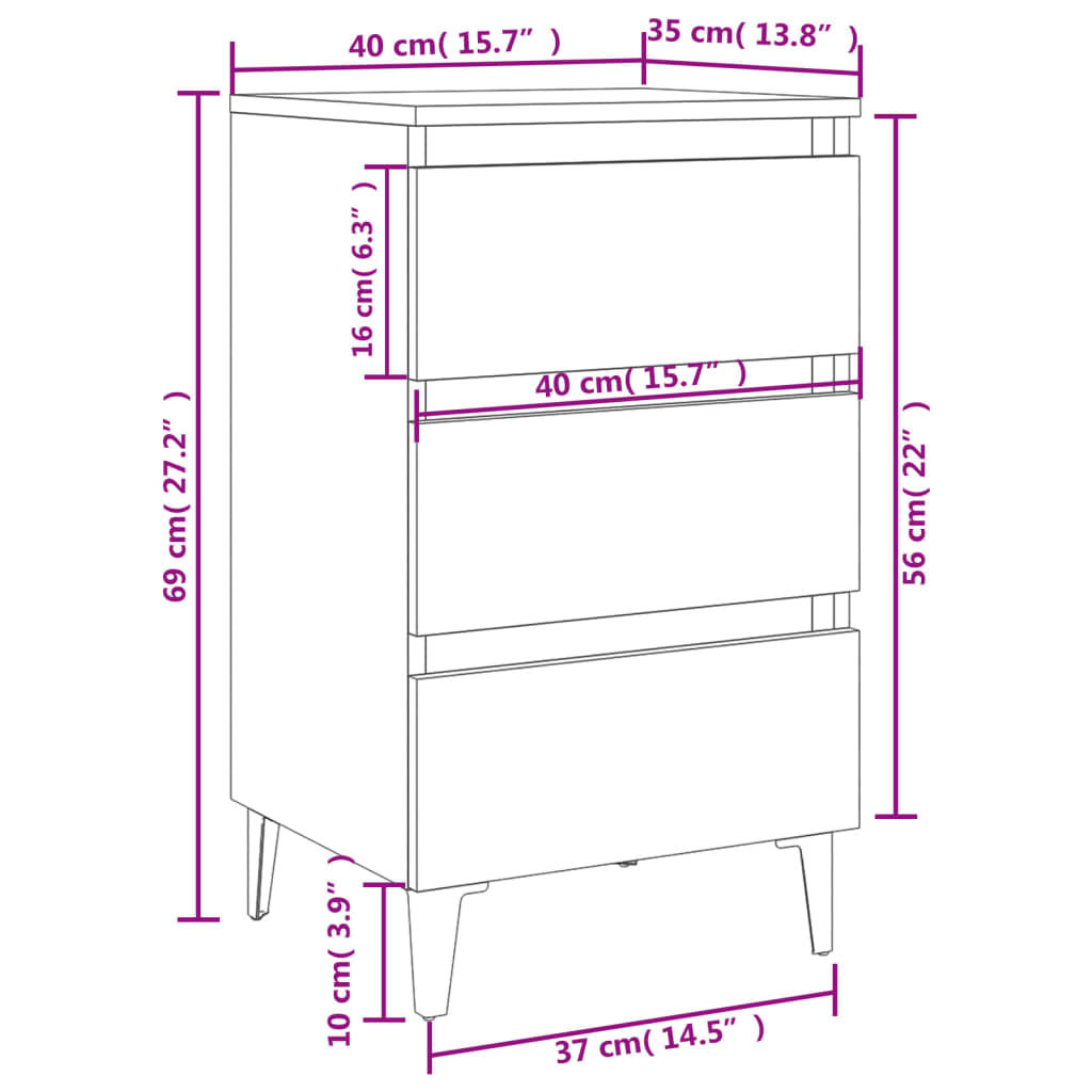 vidaXL Mesita de noche con patas de metal roble ahumado 40x35x69 cm