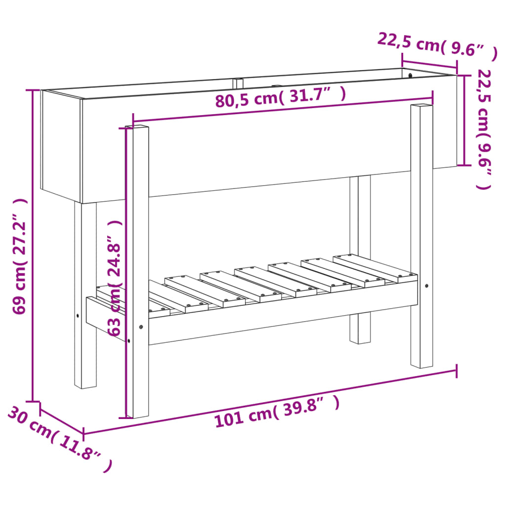 vidaXL Arriate elevado de jardín madera maciza pino blanco 101x30x69cm