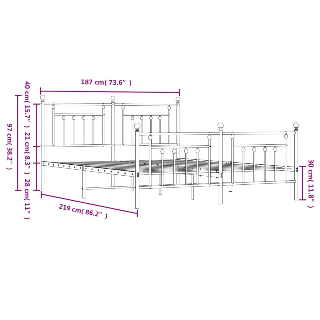 vidaXL Estructura de cama cabecero y estribo metal negro 183x213cm