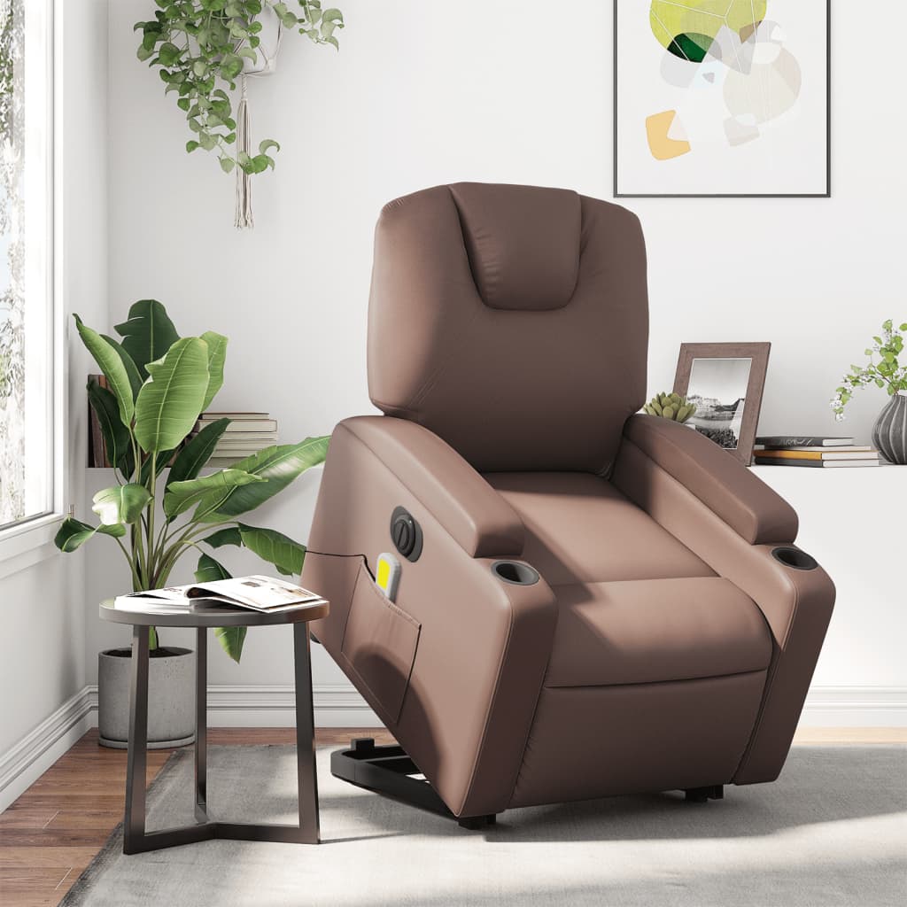 vidaXL Sillón de masaje elevable eléctrico cuero sintético marrón