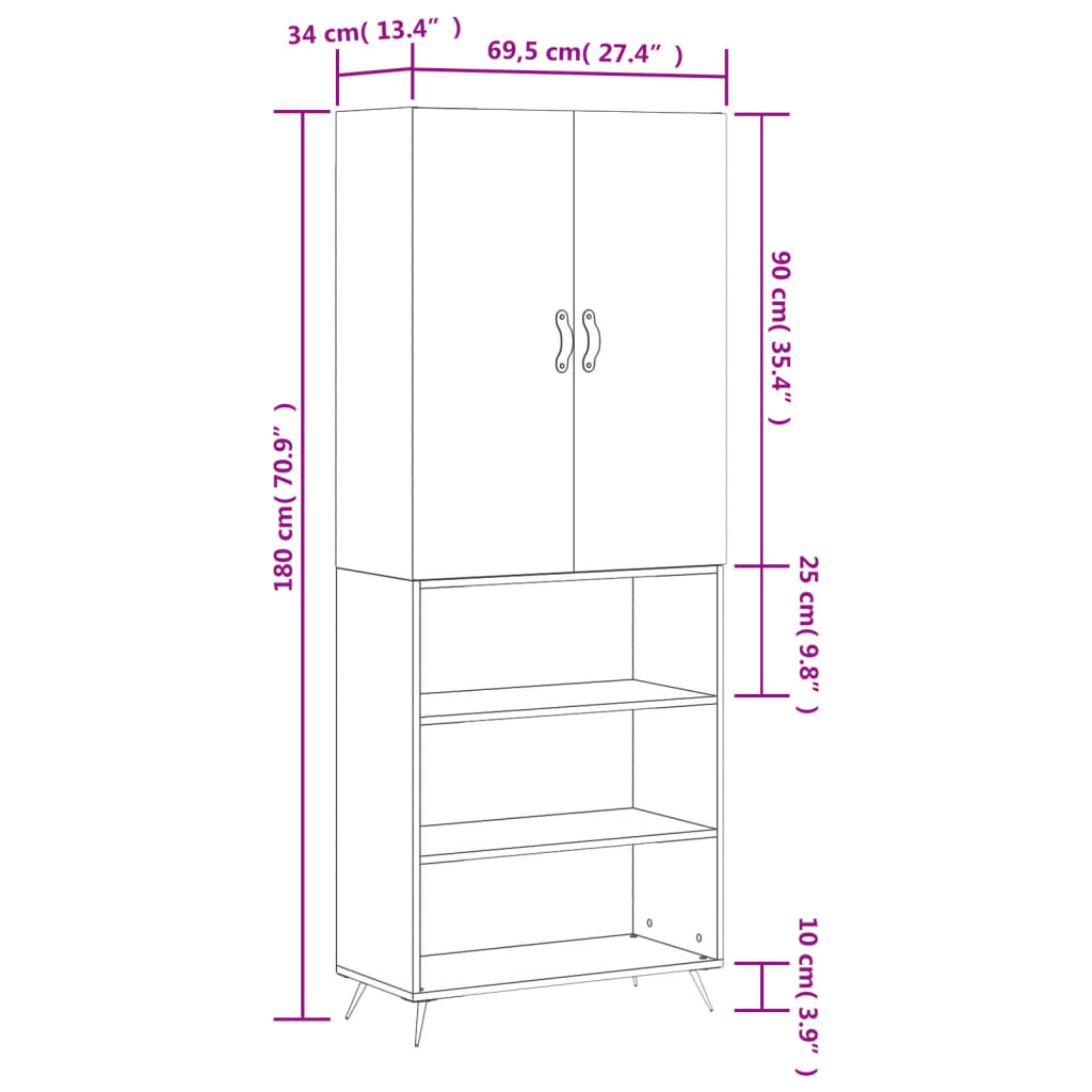 vidaXL Aparador alto madera contrachapada negro 69,5x34x180 cm