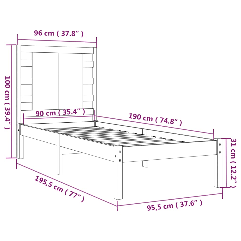 vidaXL Estructura de cama individual madera maciza blanco 90x190 cm