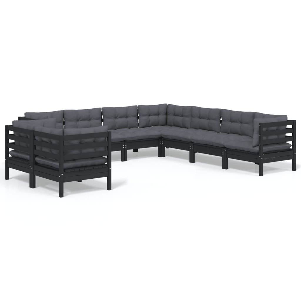 vidaXL Muebles de jardín 9 pzas y cojines negro madera maciza de pino