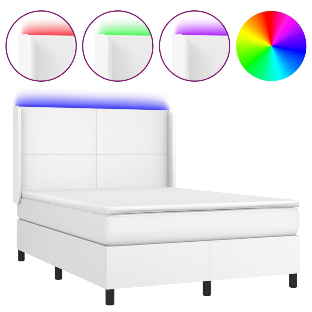 vidaXL Cama box spring colchón y LED cuero sintético blanco 140x200 cm