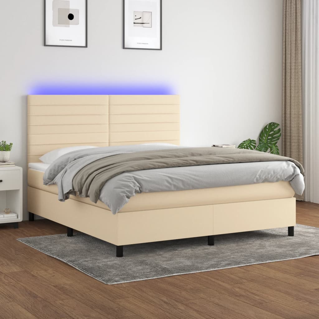 vidaXL Cama box spring colchón y luces LED tela crema 180x200 cm