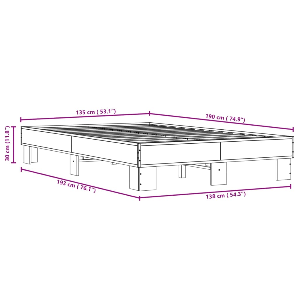 vidaXL Estructura cama madera ingeniería metal roble ahumado 135x190cm