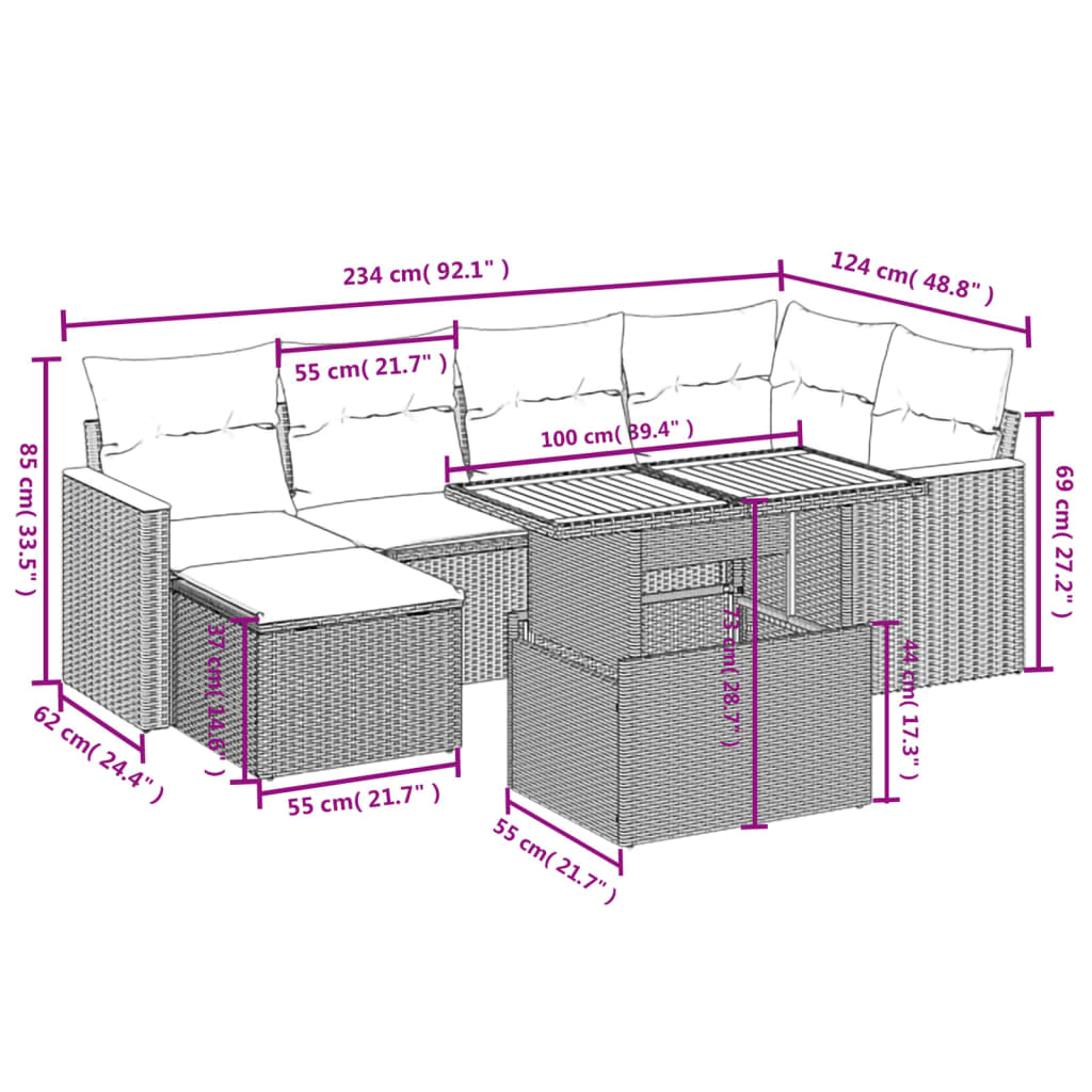 vidaXL Set de comedor de jardín 7 pzas y cojines ratán sintético negro