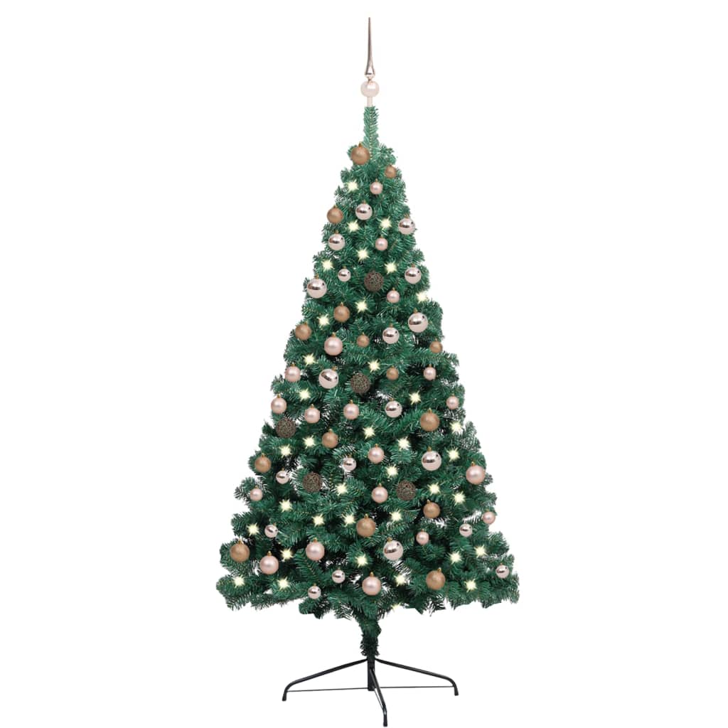 vidaXL Medio árbol de Navidad con luces y bolas verde 180 cm