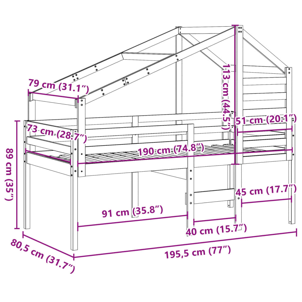 vidaXL Cama alta con techo madera maciza de pino marrón cera 75x190 cm