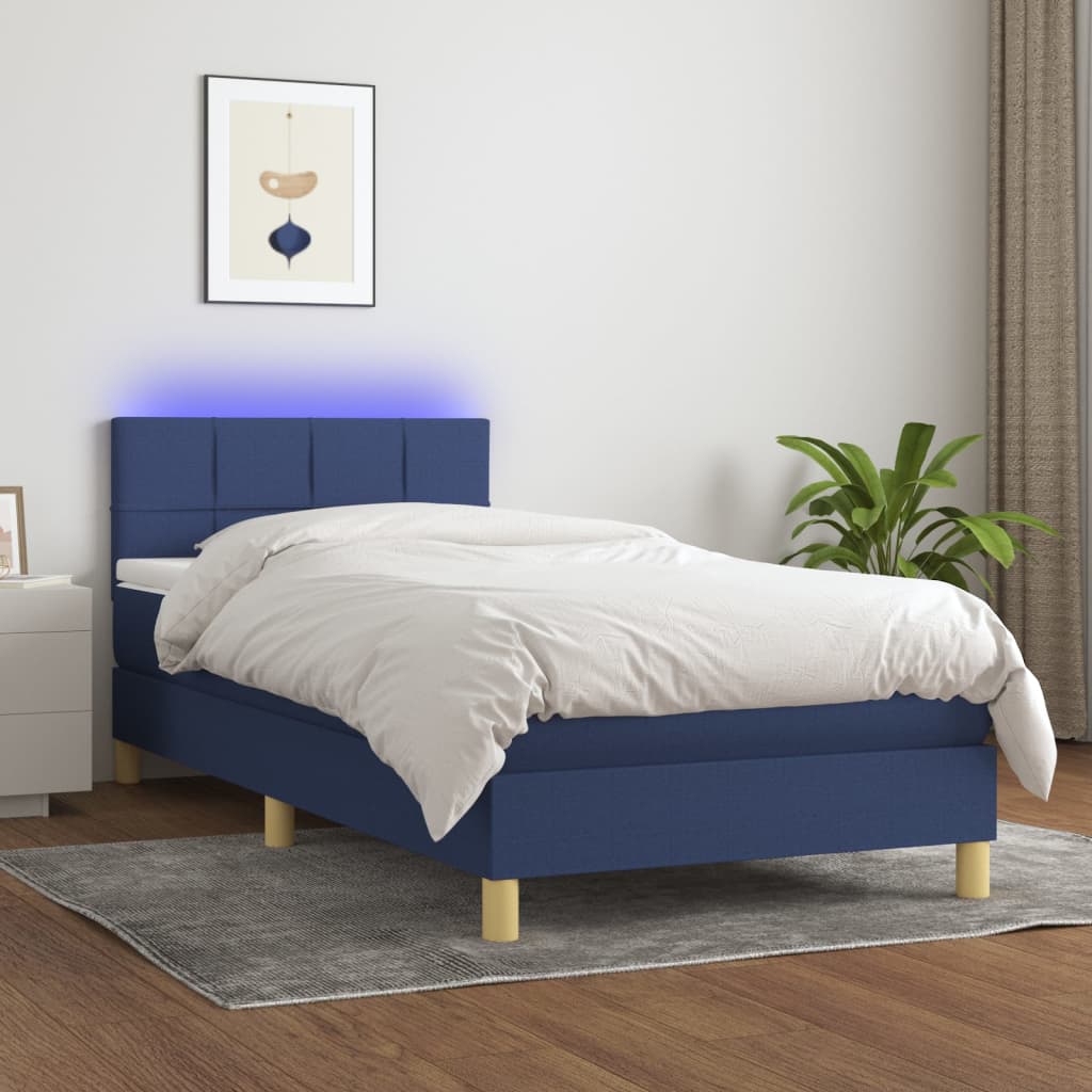 vidaXL Cama box spring con colchón y LED tela azul 90x190 cm