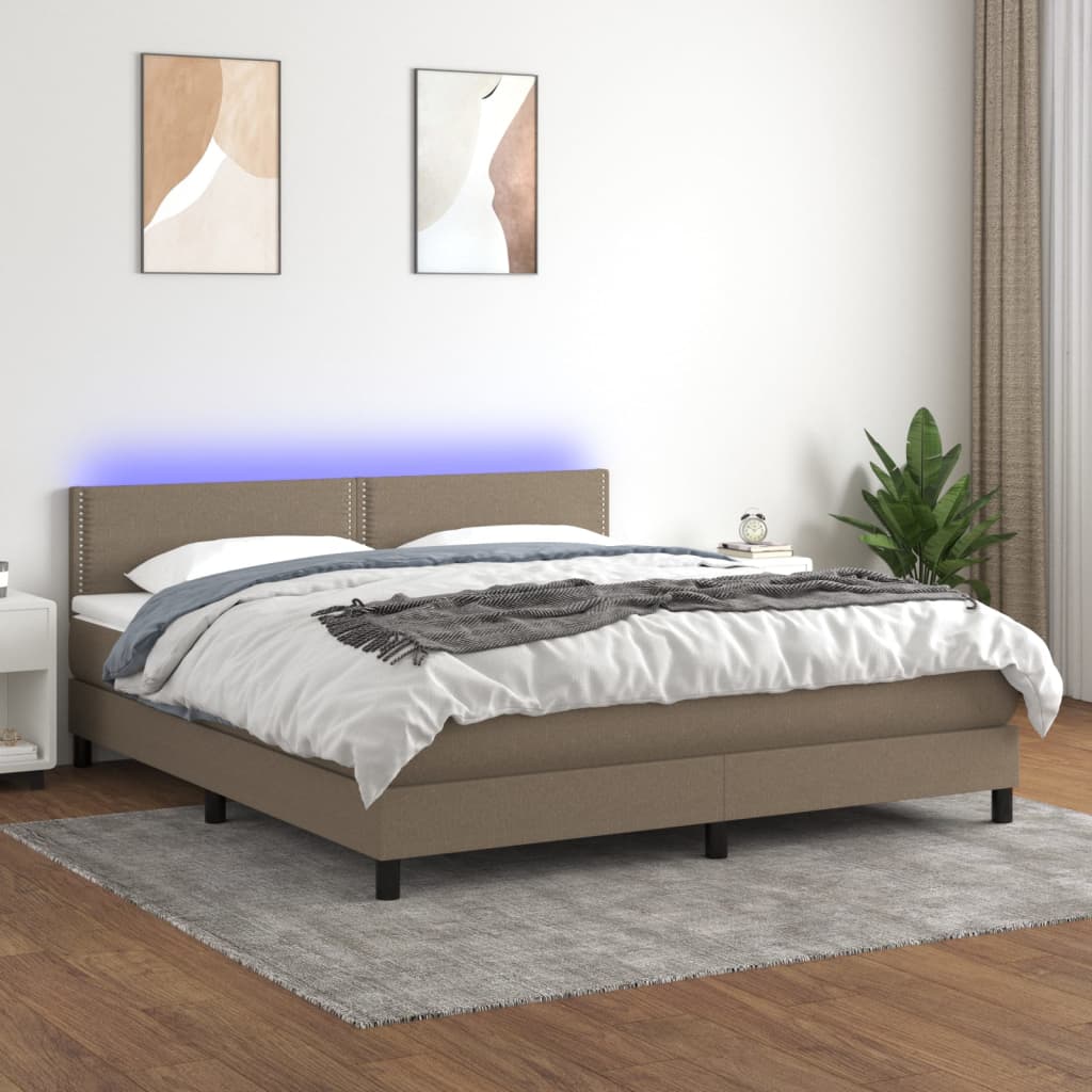 vidaXL Cama box spring colchón y luces LED tela gris taupe 180x200 cm