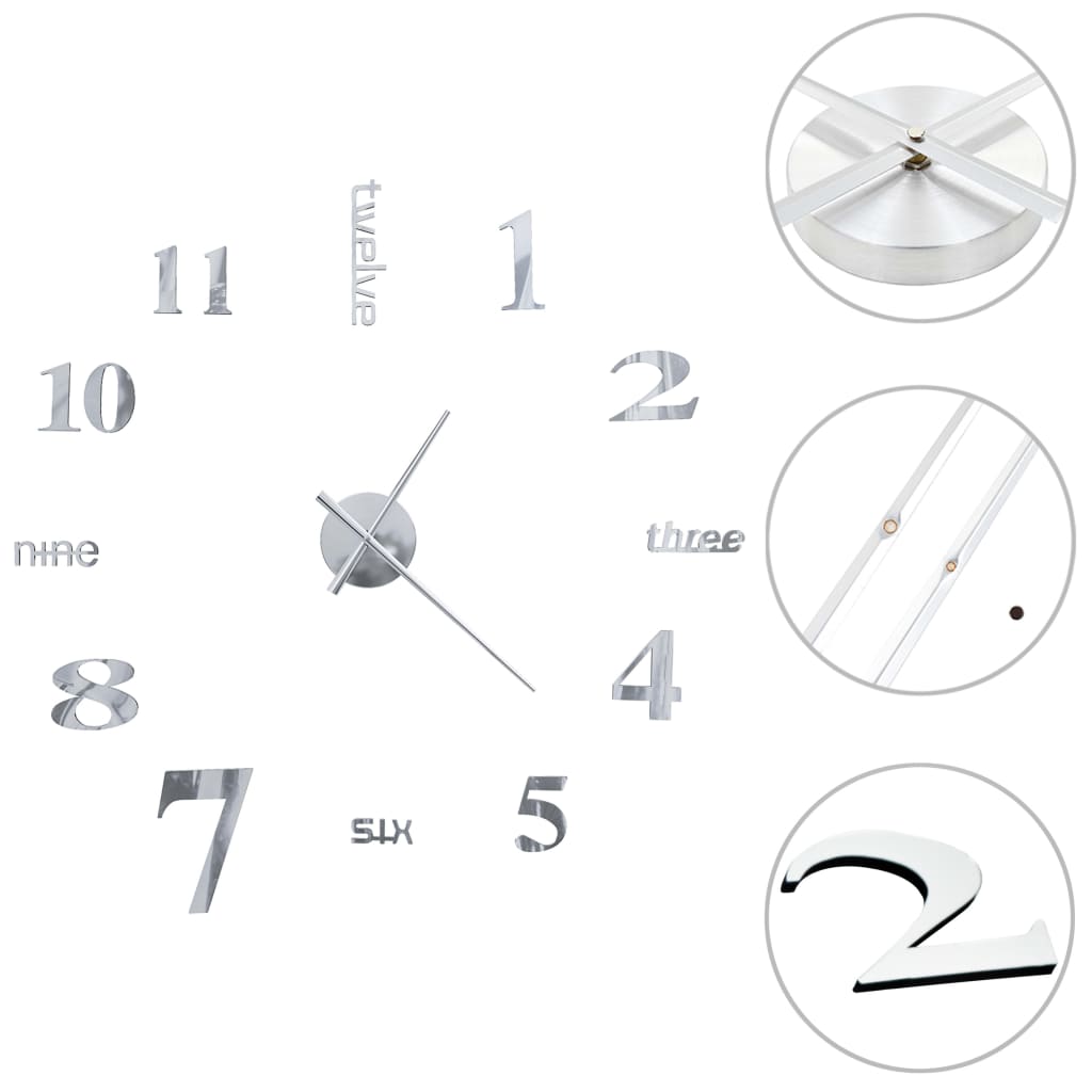 vidaXL Reloj de pared 3D de diseño moderno 100 cm XXL plateado