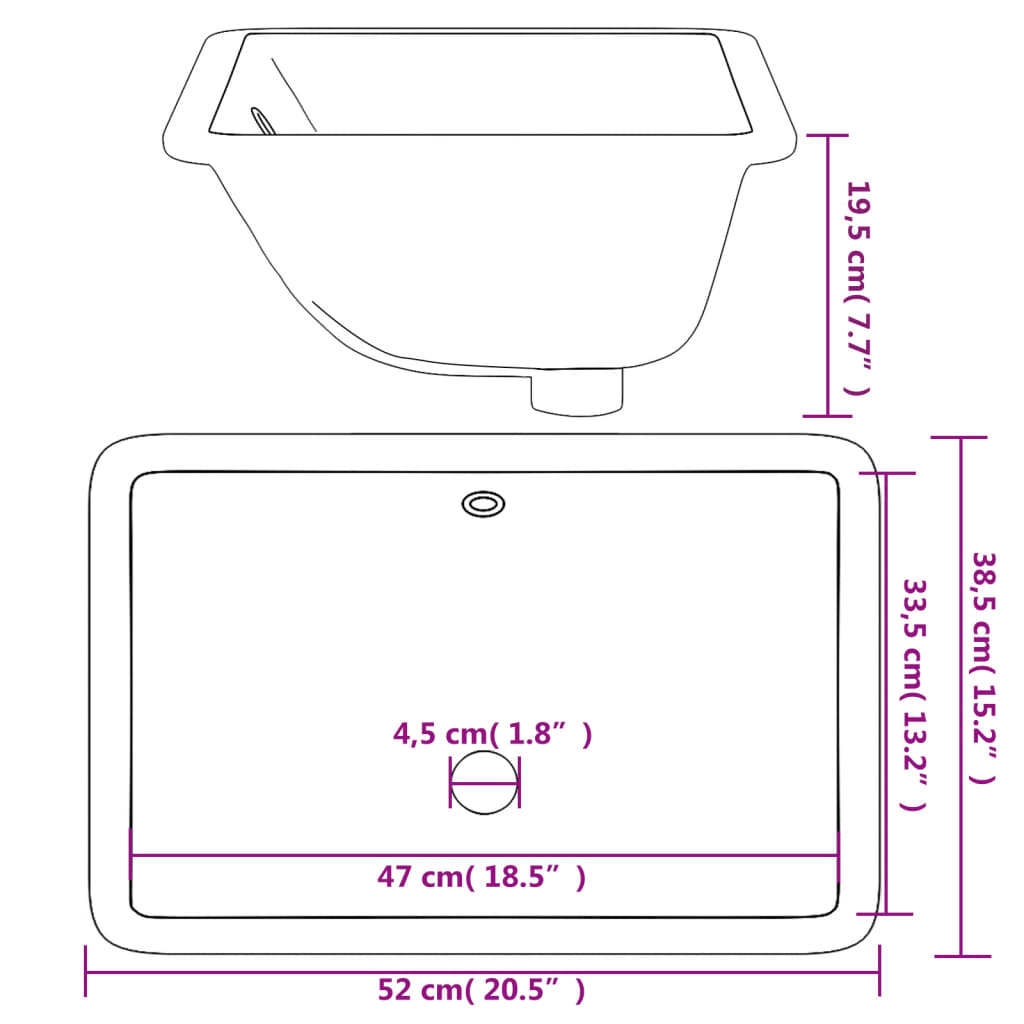 vidaXL Lavabo de baño rectangular cerámica blanco 52x38,5x19,5 cm