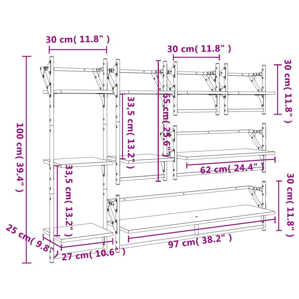 vidaXL Estantes de pared con barras 6 pzas madera de ingeniería negro