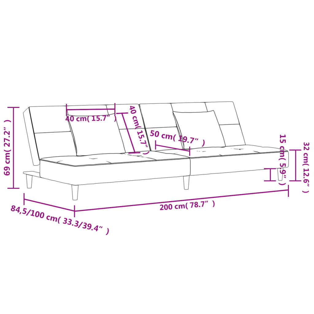 vidaXL Sofá cama de 2 plazas con dos almohadas terciopelo color crema