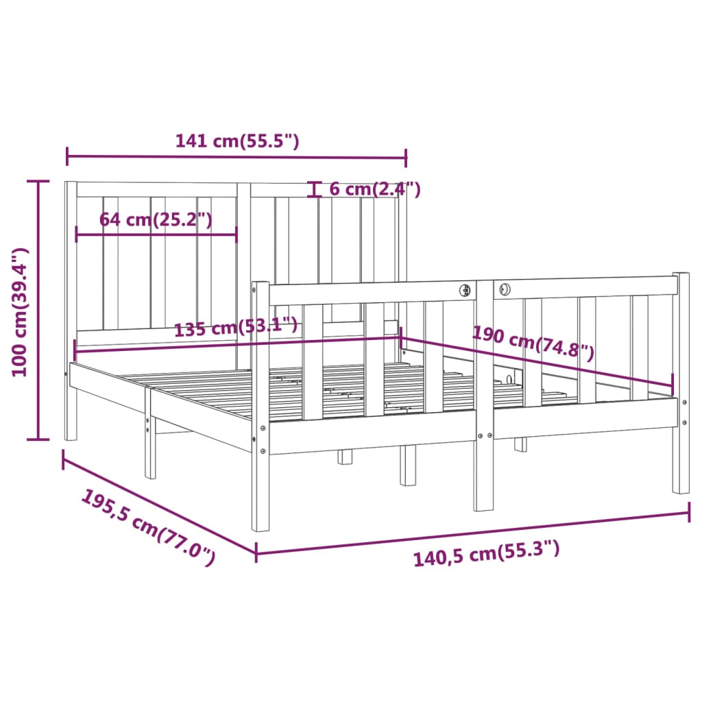 vidaXL Estructura de cama doble madera maciza negra 135x190 cm