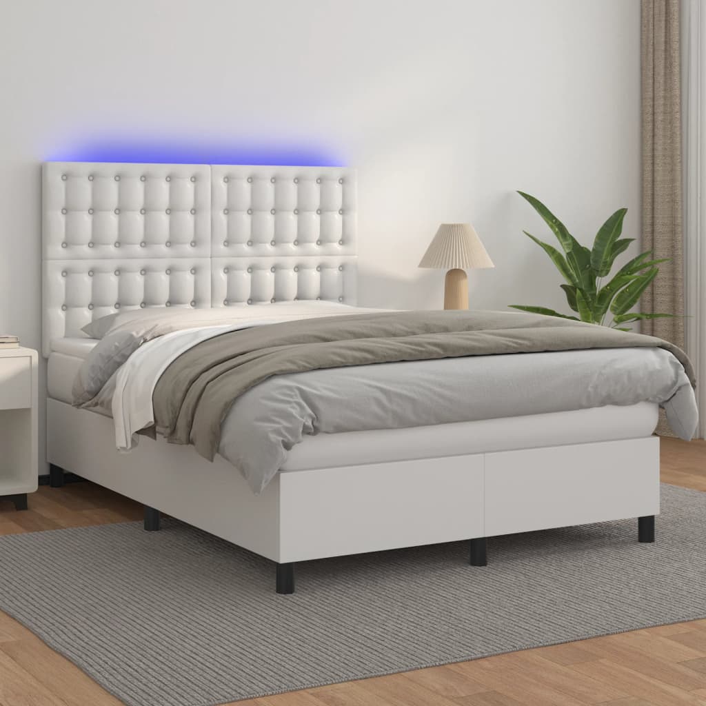 vidaXL Cama box spring colchón y LED cuero sintético blanco 140x200 cm