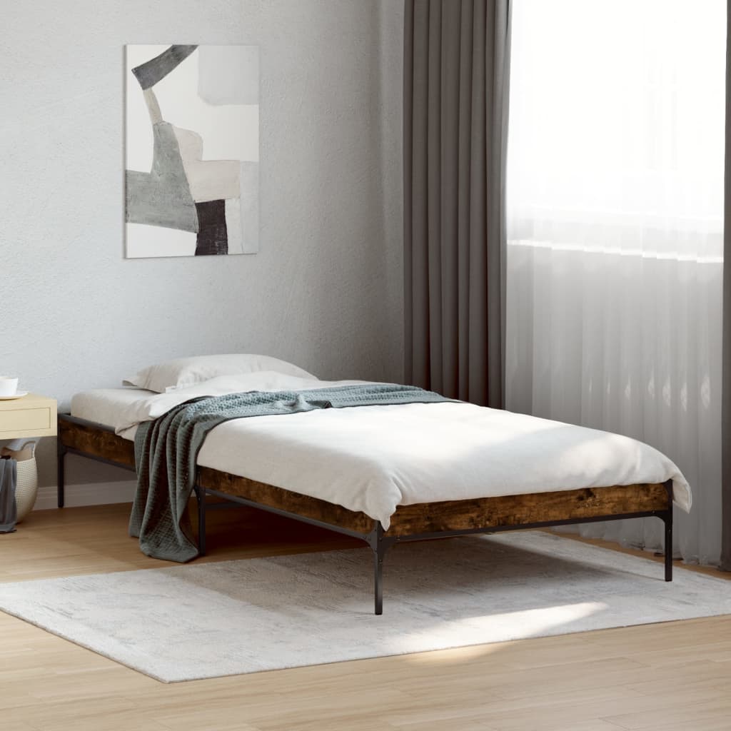 vidaXL Estructura cama madera ingeniería metal roble ahumado 90x200 cm