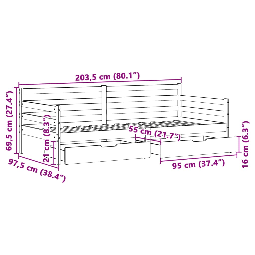 vidaXL Sofá cama con cajones madera maciza de pino 90x200 cm