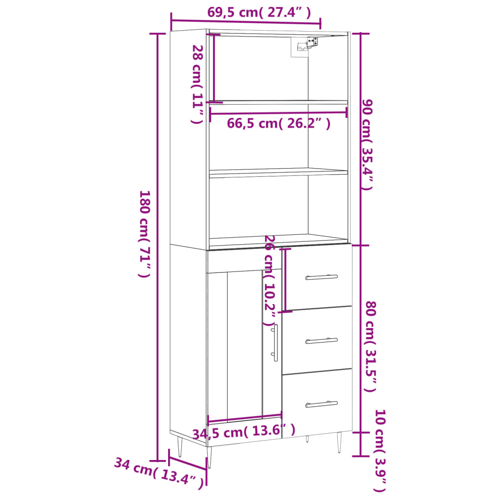 vidaXL Aparador alto madera contrachapada color roble 69,5x34x180 cm