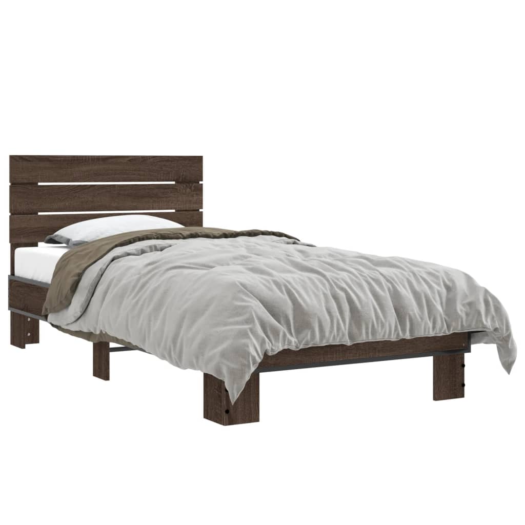 vidaXL Estructura cama madera ingeniería metal roble marrón 75x190 cm